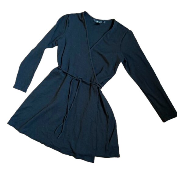 American Apparel Long Sleeve Deep V Neck Black Wrap Mini Dress - Picture 2 of 11